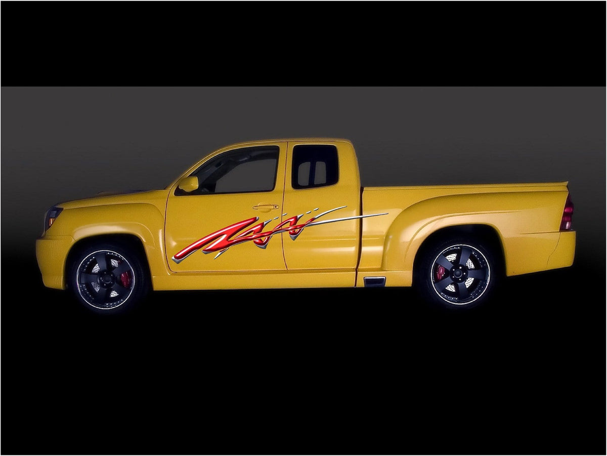 red vinyl graphic stripes on yellow truck